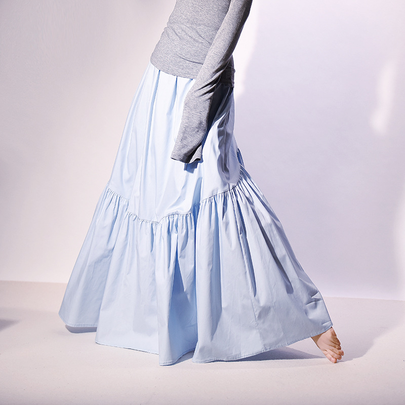 Dlhá sukňa A-čiar bavlnená, s vysokým pásom, vlnité plisovanie a rybí chvost