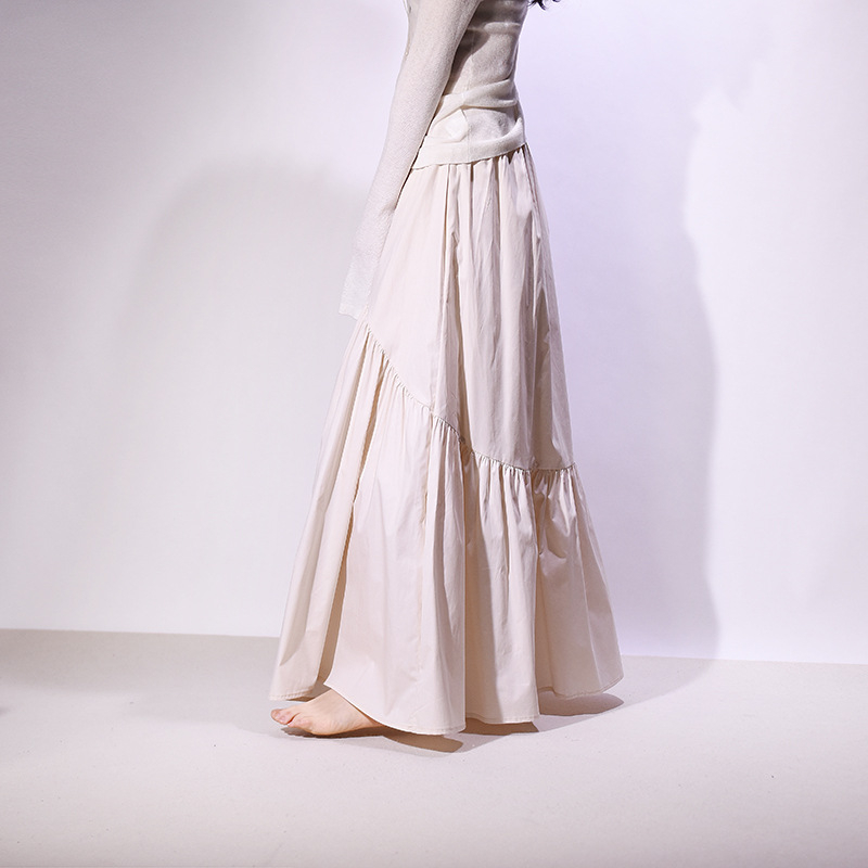 Dlhá sukňa A-čiar bavlnená, s vysokým pásom, vlnité plisovanie a rybí chvost