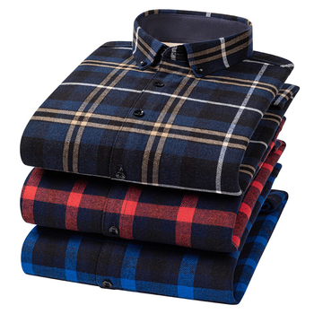 Ανδρικό πουκάμισο σε κορεατικό στυλ από βαμβάκι, καρό μοτίβο, παχύτερη ζεστασιά, μυτερός for collar