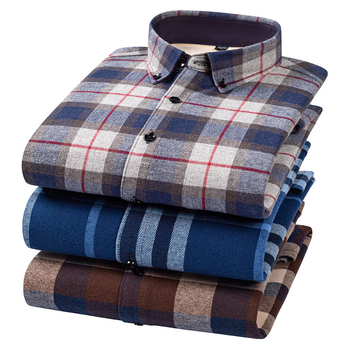 Ανδρικό πουκάμισο σε κορεατικό στυλ από βαμβάκι, καρό μοτίβο, παχύτερη ζεστασιά, μυτερός for collar