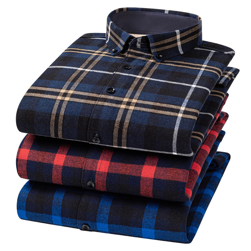 Ανδρικό πουκάμισο σε κορεατικό στυλ από βαμβάκι, καρό μοτίβο, παχύτερη ζεστασιά, μυτερός for collar