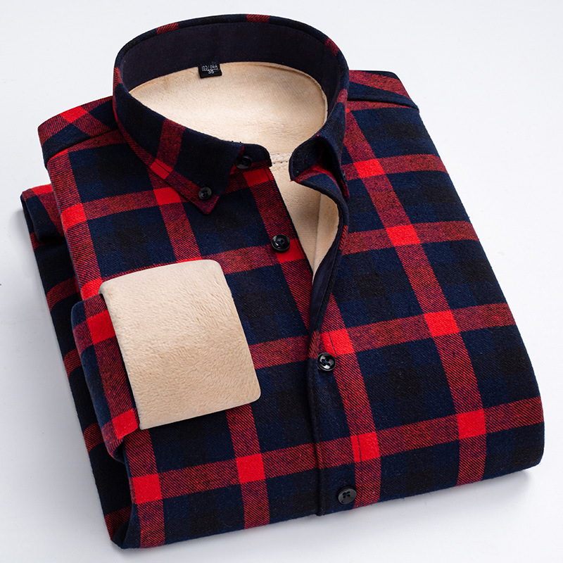 Ανδρικό πουκάμισο σε κορεατικό στυλ από βαμβάκι, καρό μοτίβο, παχύτερη ζεστασιά, μυτερός for collar