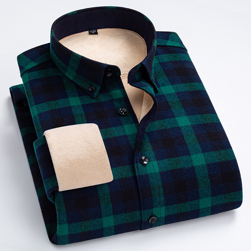 Ανδρικό πουκάμισο σε κορεατικό στυλ από βαμβάκι, καρό μοτίβο, παχύτερη ζεστασιά, μυτερός for collar
