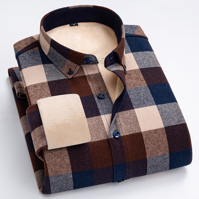 Ανδρικό πουκάμισο σε κορεατικό στυλ από βαμβάκι, καρό μοτίβο, παχύτερη ζεστασιά, μυτερός for collar