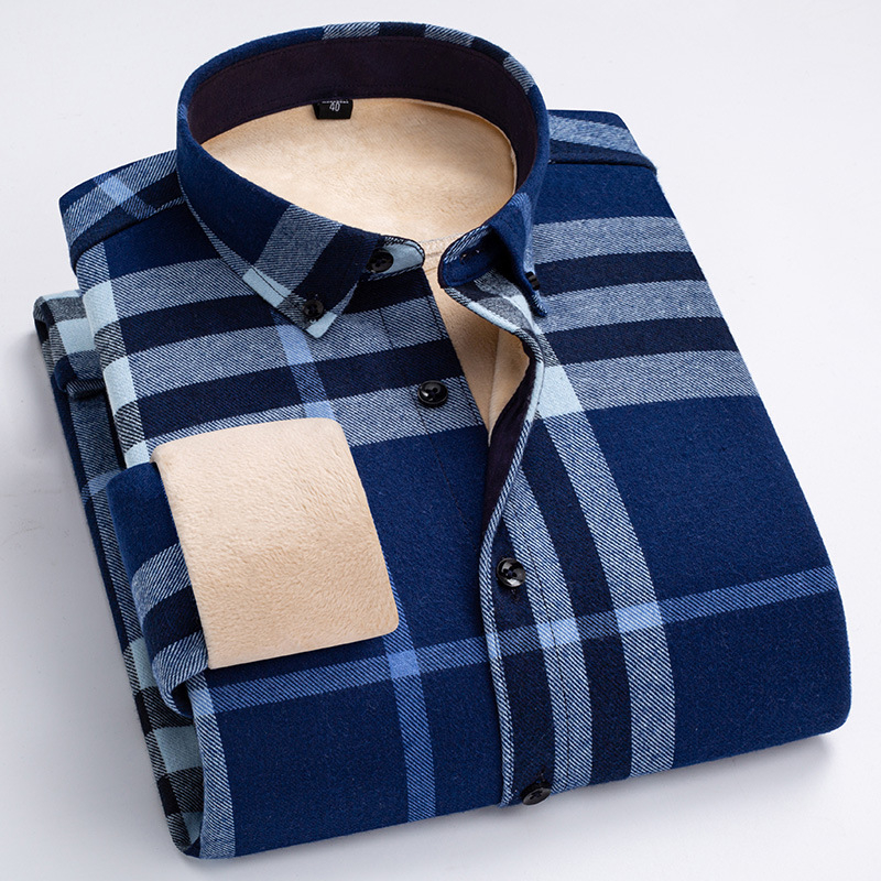 Ανδρικό πουκάμισο σε κορεατικό στυλ από βαμβάκι, καρό μοτίβο, παχύτερη ζεστασιά, μυτερός for collar