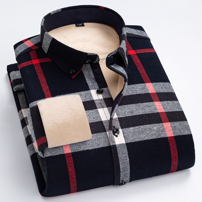 Ανδρικό πουκάμισο σε κορεατικό στυλ από βαμβάκι, καρό μοτίβο, παχύτερη ζεστασιά, μυτερός for collar