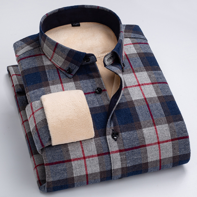 Ανδρικό πουκάμισο σε κορεατικό στυλ από βαμβάκι, καρό μοτίβο, παχύτερη ζεστασιά, μυτερός for collar
