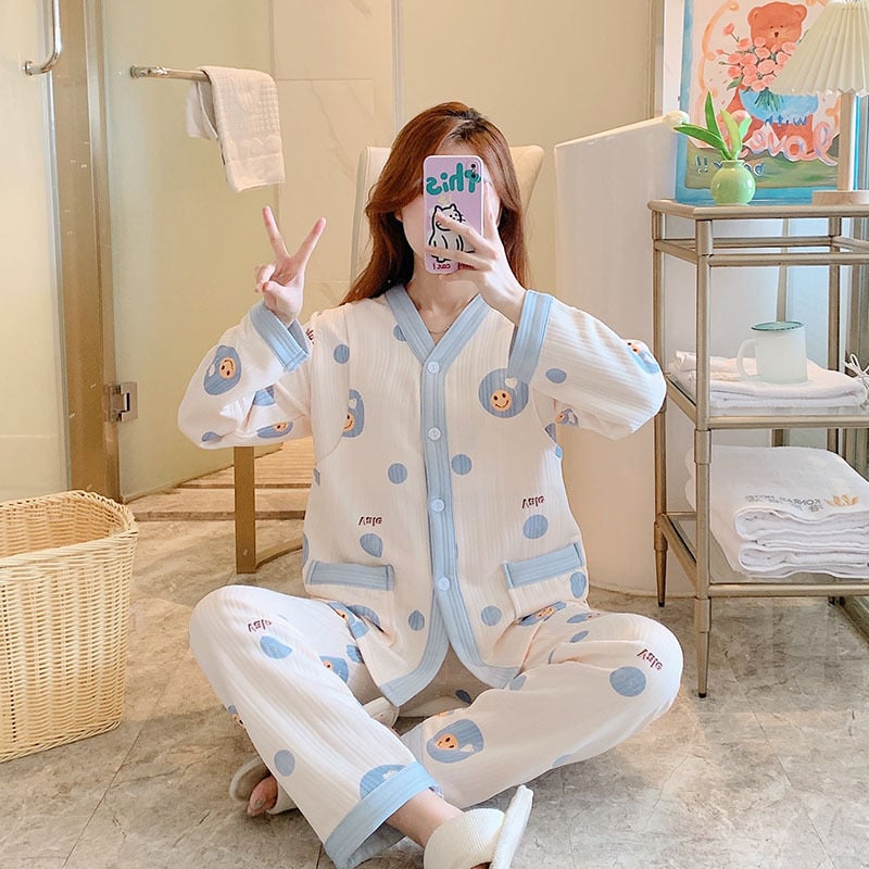 Μαιευτικό σετ πιζάμα με cardigan – Air Cotton, γιακάς πέτο, μακριά μανίκια, βαρύ ύφασμα 251–300 g/m², βαμβάκι 90–95%