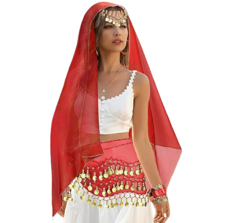 Kostim Belly Dance, set od 4 dijela s hip šalom od šifona sa zlatnim novčićima, šalom za zglob i šalom za glavu – poliester 95%+, Zima 2025, za žene 18–24 godina