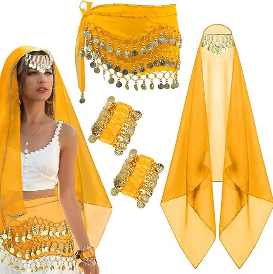 Kostim Belly Dance, set od 4 dijela s hip šalom od šifona sa zlatnim novčićima, šalom za zglob i šalom za glavu – poliester 95%+, Zima 2025, za žene 18–24 godina