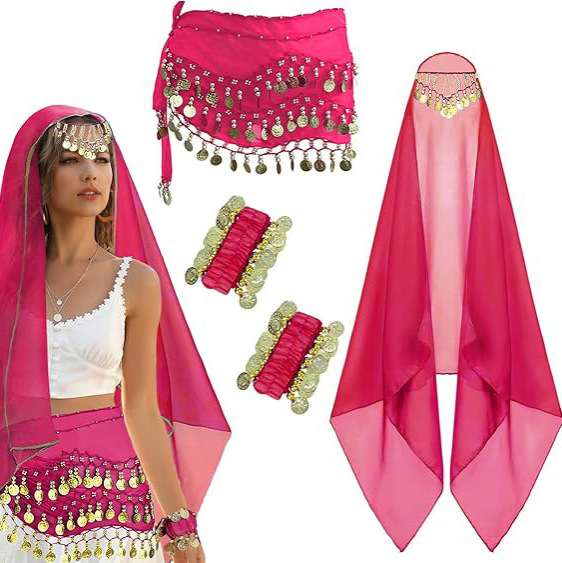 Kostim Belly Dance, set od 4 dijela s hip šalom od šifona sa zlatnim novčićima, šalom za zglob i šalom za glavu – poliester 95%+, Zima 2025, za žene 18–24 godina
