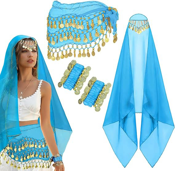 Kostim Belly Dance, set od 4 dijela s hip šalom od šifona sa zlatnim novčićima, šalom za zglob i šalom za glavu – poliester 95%+, Zima 2025, za žene 18–24 godina