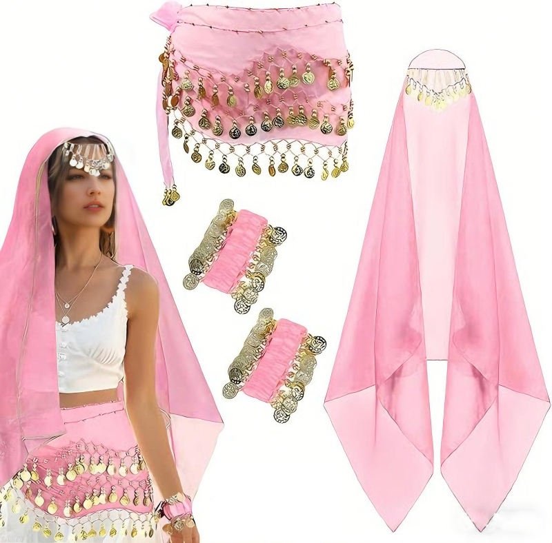 Kostim Belly Dance, set od 4 dijela s hip šalom od šifona sa zlatnim novčićima, šalom za zglob i šalom za glavu – poliester 95%+, Zima 2025, za žene 18–24 godina