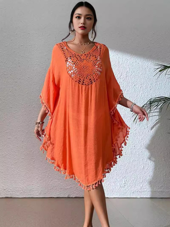 Bluza lejeră cu franjuri pentru bikini, jachetă de plajă pentru femei, pulover cu mâneci Bat, protecție UPF30+, amestec bumbac slub cu celuloză regenerată