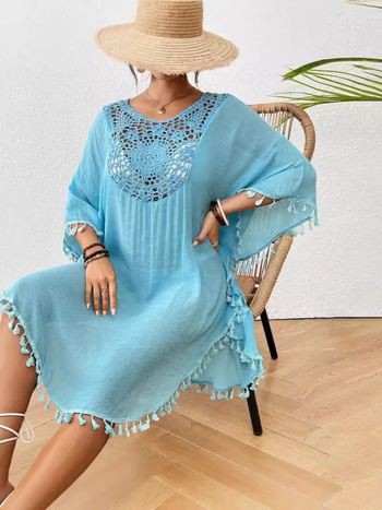 Bluza lejeră cu franjuri pentru bikini, jachetă de plajă pentru femei, pulover cu mâneci Bat, protecție UPF30+, amestec bumbac slub cu celuloză regenerată