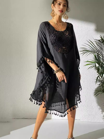 Bluza lejeră cu franjuri pentru bikini, jachetă de plajă pentru femei, pulover cu mâneci Bat, protecție UPF30+, amestec bumbac slub cu celuloză regenerată