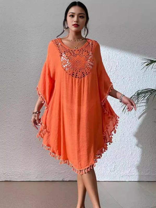 Bluza lejeră cu franjuri pentru bikini, jachetă de plajă pentru femei, pulover cu mâneci Bat, protecție UPF30+, amestec bumbac slub cu celuloză regenerată