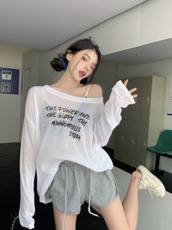 Tricou lejer cu mâneci lungi, imprimare cu litere, protecție solară UPF40+, poliester/spandex cu fir Tencel, ultra-subțire