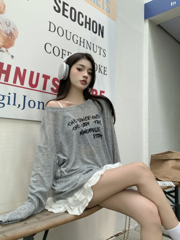 Tricou lejer cu mâneci lungi, imprimare cu litere, protecție solară UPF40+, poliester/spandex cu fir Tencel, ultra-subțire