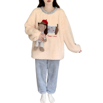 Ženske plišane pidžame s debelim flisom, okrugli ovratnik, dugi rukavi, hlače pune dužine – zimska udobnost