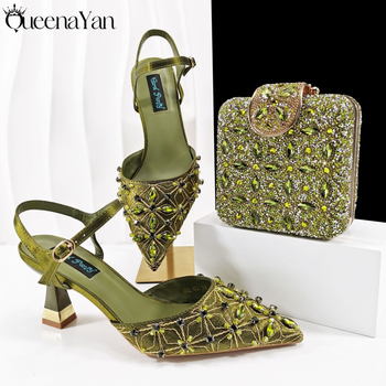 Set ženskih večernjih cipela i torbice — kvadratni clutch s kristalima i ručno šivanim visokim potpeticama; vrh: oštar; visina potpetice 6–8 cm; gornji materijal: Super Fiber; ulošak PU