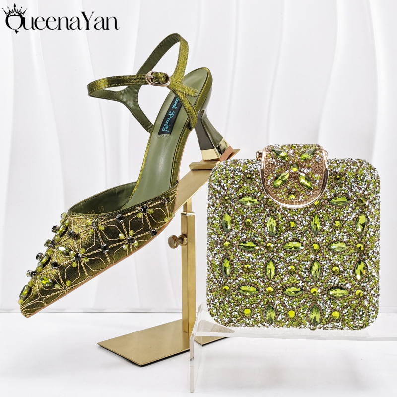 Set ženskih večernjih cipela i torbice — kvadratni clutch s kristalima i ručno šivanim visokim potpeticama; vrh: oštar; visina potpetice 6–8 cm; gornji materijal: Super Fiber; ulošak PU