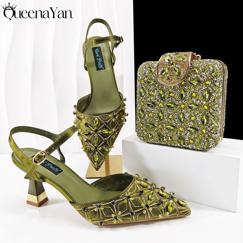 Set ženskih večernjih cipela i torbice — kvadratni clutch s kristalima i ručno šivanim visokim potpeticama; vrh: oštar; visina potpetice 6–8 cm; gornji materijal: Super Fiber; ulošak PU