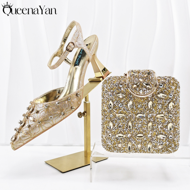 Set ženskih večernjih cipela i torbice — kvadratni clutch s kristalima i ručno šivanim visokim potpeticama; vrh: oštar; visina potpetice 6–8 cm; gornji materijal: Super Fiber; ulošak PU