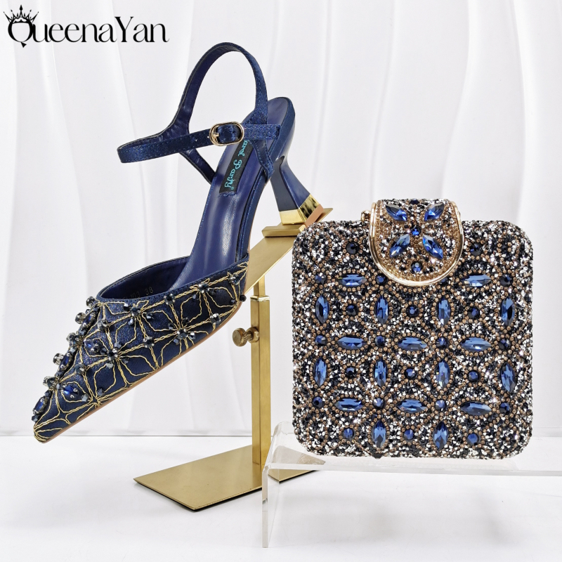 Set ženskih večernjih cipela i torbice — kvadratni clutch s kristalima i ručno šivanim visokim potpeticama; vrh: oštar; visina potpetice 6–8 cm; gornji materijal: Super Fiber; ulošak PU