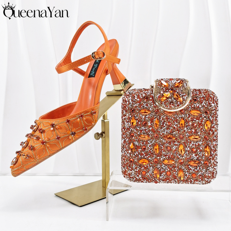 Set ženskih večernjih cipela i torbice — kvadratni clutch s kristalima i ručno šivanim visokim potpeticama; vrh: oštar; visina potpetice 6–8 cm; gornji materijal: Super Fiber; ulošak PU