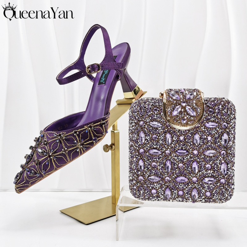 Set ženskih večernjih cipela i torbice — kvadratni clutch s kristalima i ručno šivanim visokim potpeticama; vrh: oštar; visina potpetice 6–8 cm; gornji materijal: Super Fiber; ulošak PU