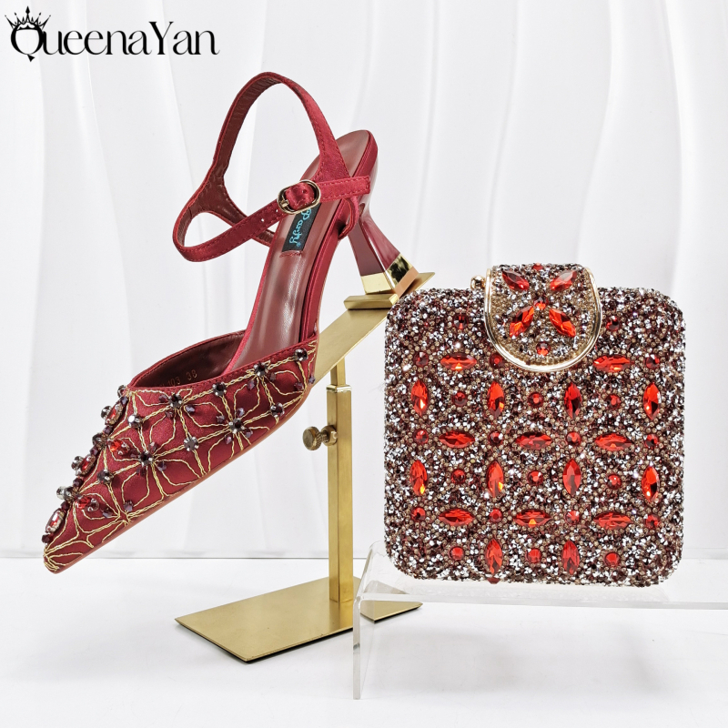 Set ženskih večernjih cipela i torbice — kvadratni clutch s kristalima i ručno šivanim visokim potpeticama; vrh: oštar; visina potpetice 6–8 cm; gornji materijal: Super Fiber; ulošak PU