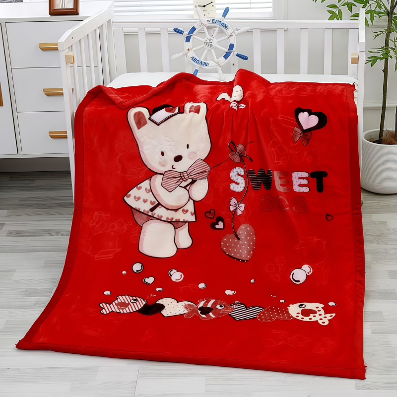 Kétoldalas, vastagabb gyerek pléd, korall velúr, poliészter, egész éves használatra, újszülötttől 6 éves korig