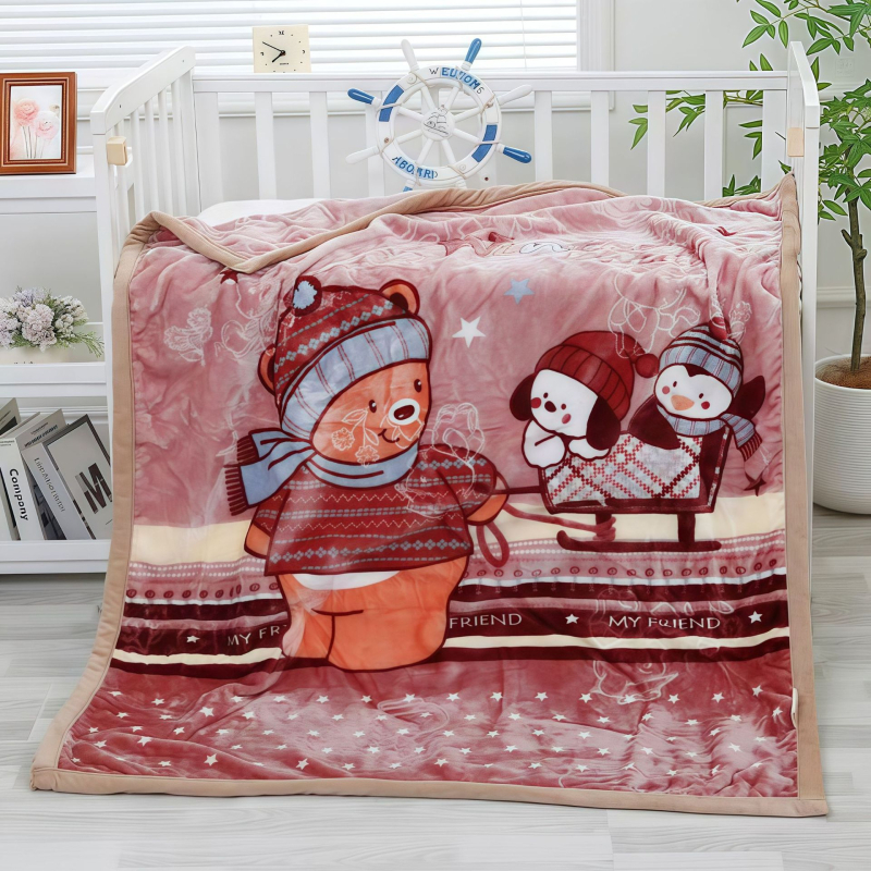 Kétoldalas, vastagabb gyerek pléd, korall velúr, poliészter, egész éves használatra, újszülötttől 6 éves korig