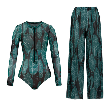 Costum de baie pentru femei cu mânecă lungă, protecție solară UPF40+, croială lejeră, material poliester-spandex, stil european-american cu imprimeu