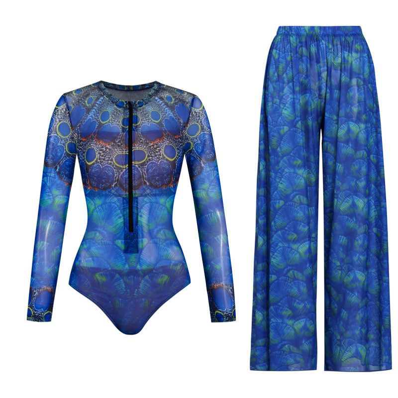 Costum de baie pentru femei cu mânecă lungă, protecție solară UPF40+, croială lejeră, material poliester-spandex, stil european-american cu imprimeu