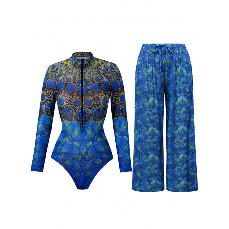 Costum de baie pentru femei cu mânecă lungă, protecție solară UPF40+, croială lejeră, material poliester-spandex, stil european-american cu imprimeu