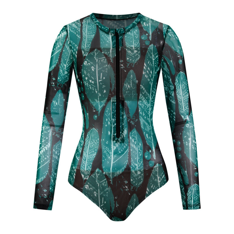 Costum de baie pentru femei cu mânecă lungă, protecție solară UPF40+, croială lejeră, material poliester-spandex, stil european-american cu imprimeu