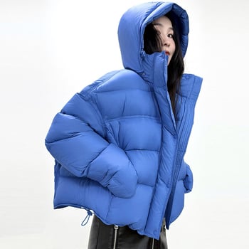 Dámska bunde s kapucňou, hrubá izolácia, nylonová látka, výplň kačacím perom 51–55%, stredná dĺžka, zips