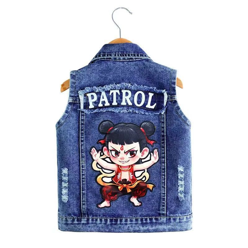 Παιδικό τζιν γιλέκο με μοτίβο καρτούν, ελαφρύ ύφασμα με 80% βαμβάκι, στυλ καρντιγκαν, για άνοιξη και φθινόπωρο