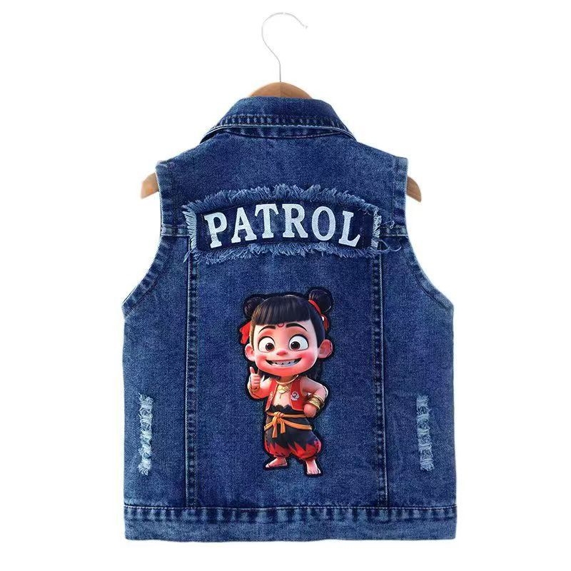 Παιδικό τζιν γιλέκο με μοτίβο καρτούν, ελαφρύ ύφασμα με 80% βαμβάκι, στυλ καρντιγκαν, για άνοιξη και φθινόπωρο