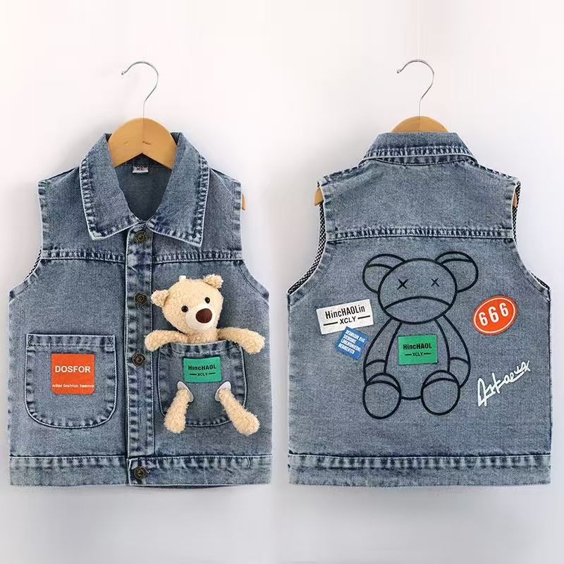 Παιδικό τζιν γιλέκο με μοτίβο καρτούν, ελαφρύ ύφασμα με 80% βαμβάκι, στυλ καρντιγκαν, για άνοιξη και φθινόπωρο