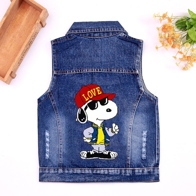 Παιδικό τζιν γιλέκο με μοτίβο καρτούν, ελαφρύ ύφασμα με 80% βαμβάκι, στυλ καρντιγκαν, για άνοιξη και φθινόπωρο