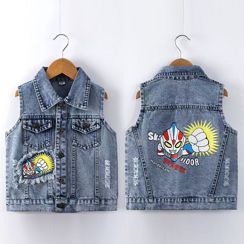 Παιδικό τζιν γιλέκο με μοτίβο καρτούν, ελαφρύ ύφασμα με 80% βαμβάκι, στυλ καρντιγκαν, για άνοιξη και φθινόπωρο
