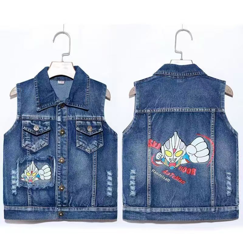 Παιδικό τζιν γιλέκο με μοτίβο καρτούν, ελαφρύ ύφασμα με 80% βαμβάκι, στυλ καρντιγκαν, για άνοιξη και φθινόπωρο