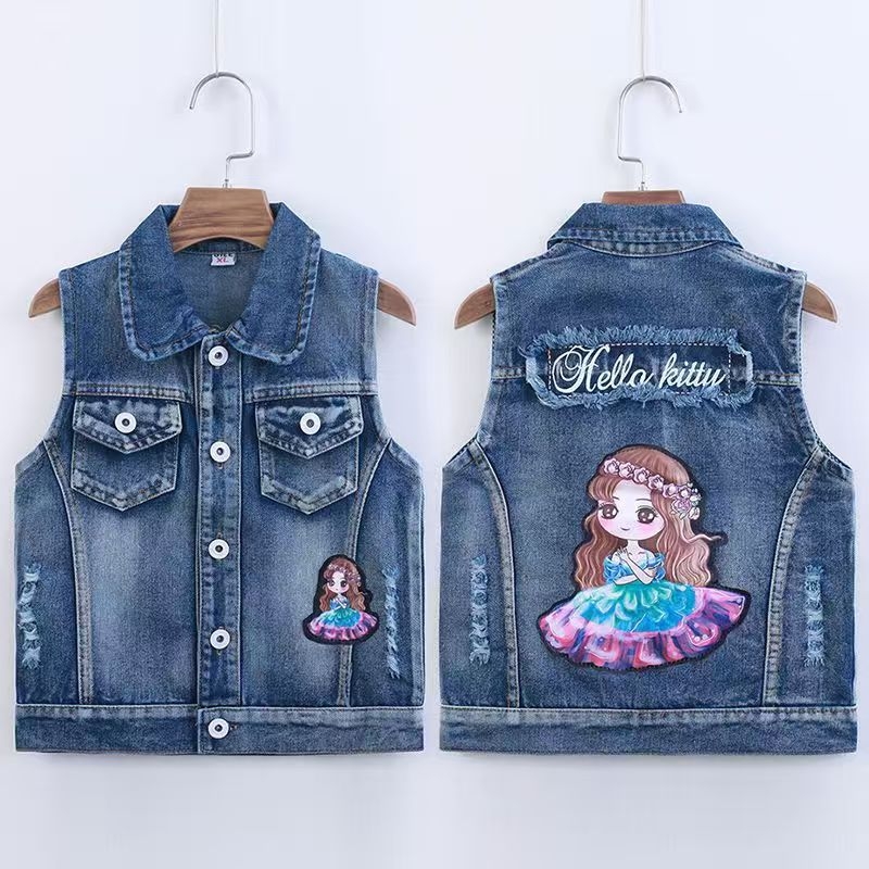 Παιδικό τζιν γιλέκο με μοτίβο καρτούν, ελαφρύ ύφασμα με 80% βαμβάκι, στυλ καρντιγκαν, για άνοιξη και φθινόπωρο