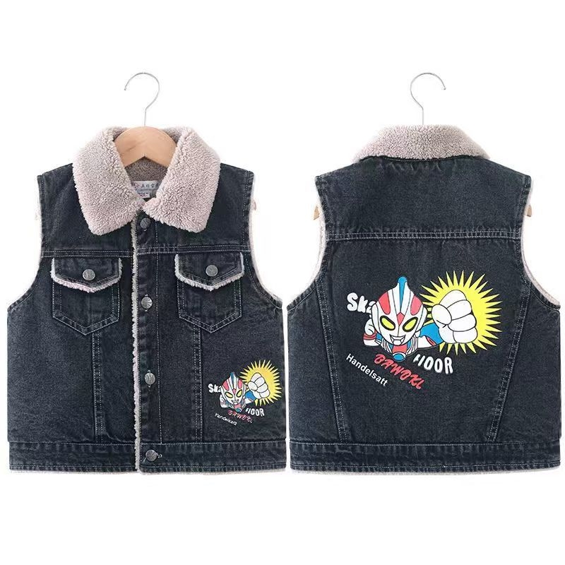 Παιδικό τζιν γιλέκο με μοτίβο καρτούν, ελαφρύ ύφασμα με 80% βαμβάκι, στυλ καρντιγκαν, για άνοιξη και φθινόπωρο