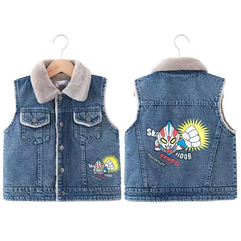 Παιδικό τζιν γιλέκο με μοτίβο καρτούν, ελαφρύ ύφασμα με 80% βαμβάκι, στυλ καρντιγκαν, για άνοιξη και φθινόπωρο