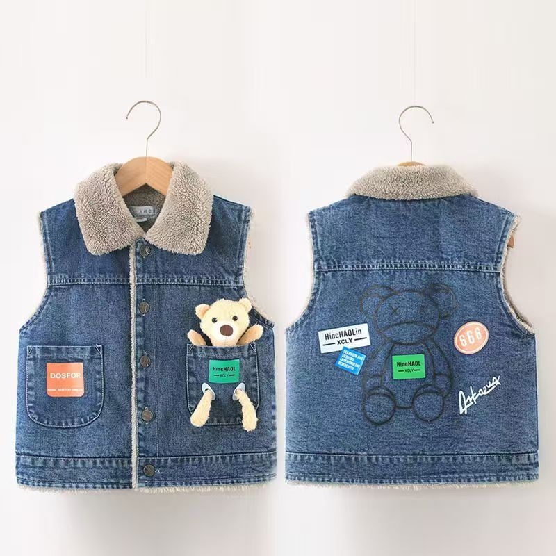 Παιδικό τζιν γιλέκο με μοτίβο καρτούν, ελαφρύ ύφασμα με 80% βαμβάκι, στυλ καρντιγκαν, για άνοιξη και φθινόπωρο