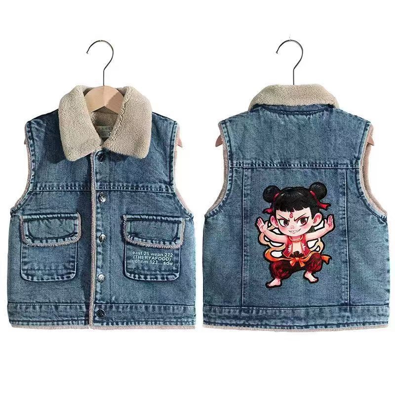 Παιδικό τζιν γιλέκο με μοτίβο καρτούν, ελαφρύ ύφασμα με 80% βαμβάκι, στυλ καρντιγκαν, για άνοιξη και φθινόπωρο